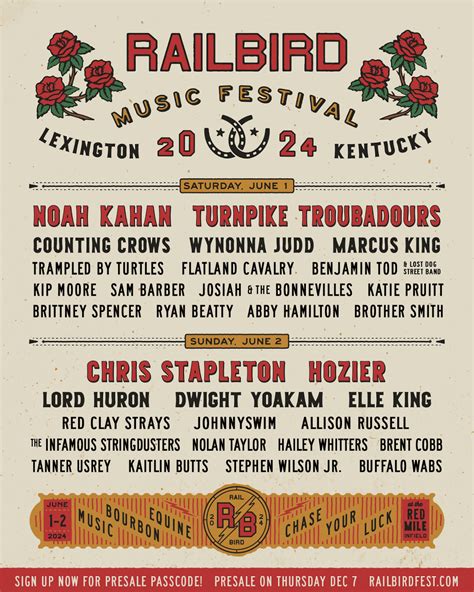 Railbird music festival 2024 - The festival announced over 30 artists set to take the stages, including Hozier, Turnpike Troubadours, Counting Crows, Lord Huron, Wynonna Judd, Dwight Yoakam, and Elle King. Your Railbird 2024 ...